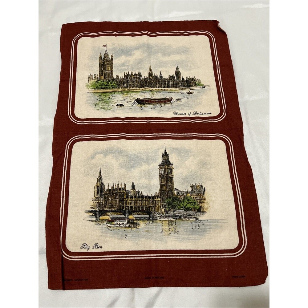Vtg Irish Cabin Towel House of Parliament Big Ben Tea Towel Irish Linen UK